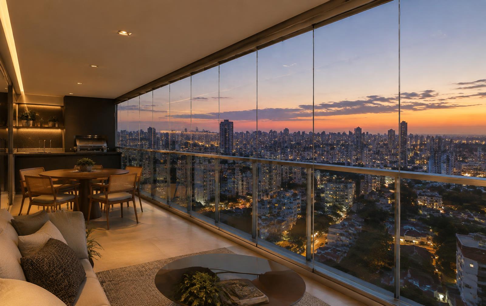 Fechamento de sacada com cortina de vidro em apartamento em São Paulo